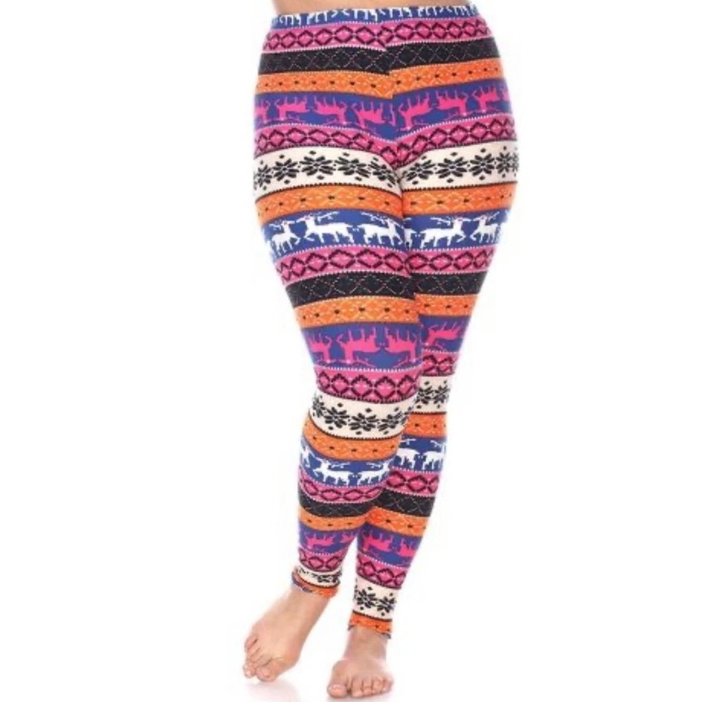 White Mark Fair Isle Reindeer Snowflake Leggings Orange Pink Blue One Size